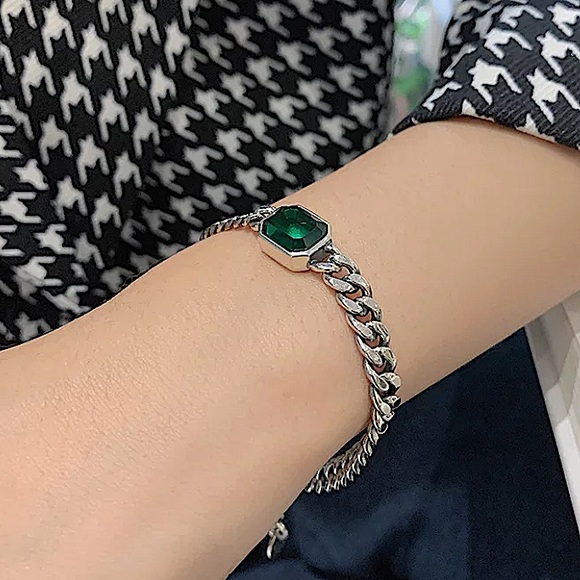 Emerald Zircon Sterling Silver Chain Link Bracelet - Picture 4 of 12